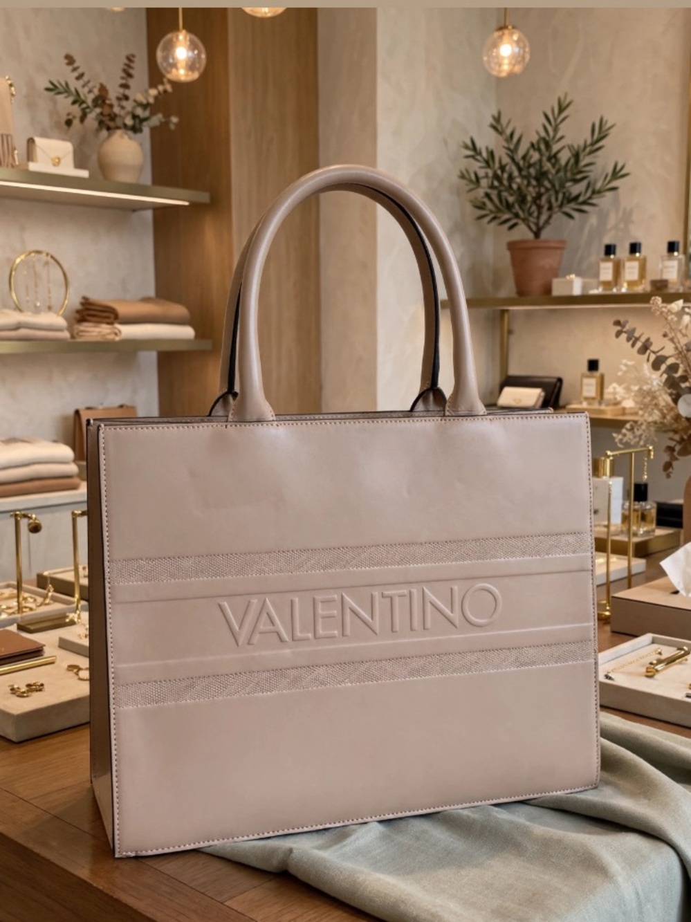 Valentino Victoria Taupe Leather Embossed Logo Tote